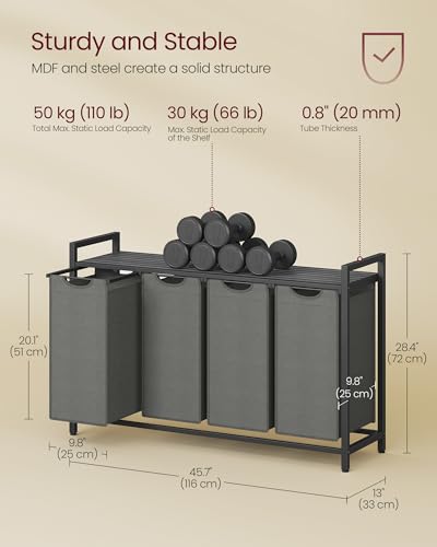 VASAGLE Laundry Hamper, Laundry Basket, Laundry Sorter with 4 Pull-Out and Removable Bags, Shelf, Metal Frame, 4 x 10.6 Gallons (40 L), 45.7 x 13 x 28.4 Inches, Slate Gray and Charcoal Gray UBLH401G01 - color: Slate Gray + Charcoal Gray, size: 4 Bags - 16