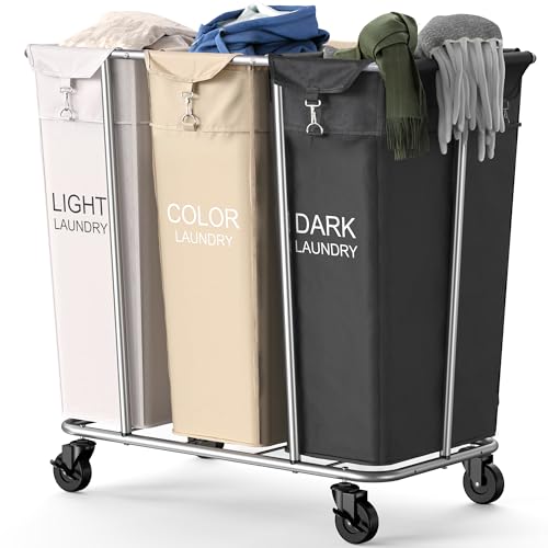 PLKOW Laundry Sorter 3 Section, 220L Large Laundry Cart with Wheels 3 Hamper Laundry Sorter with Steel Frame and Removable Bag, Rolling Laundry Cart for Home, Laundry Room, Hotel, 6 Bushel - color: White+Khaki+Black-220L