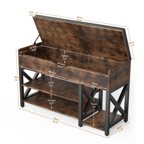 Shoe Bench, Lift Top Shoe Storage Bench, Adjustable Shelf Entryway Bench, Metal and Wood Shoe Rack Organizer with Cushion for Entry, Bedroom, Closet, Living Room, Hallway (Brown, 35.5“W) - color: Brown, size: 35.5“W