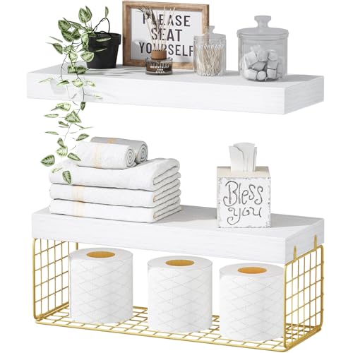 QEEIG Bathroom Shelves Over Toilet - Wall Mounted Floating Shelves Toilet Paper Storage Small Modern Decor Shelf 16 inch Set of 2, White and Gold (019-WG2) - color: G. White & Gold, size: 2pcs