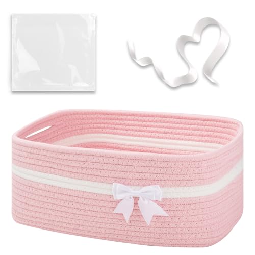 OIAHOMY Large Woven Storage Basket with Handles for Nursery Living Room Shelves, Bow Basket for Gifts Empty with Gift Bags and Ribbons for Baby Showers Pet Toy Bin - Pink - color: Pink