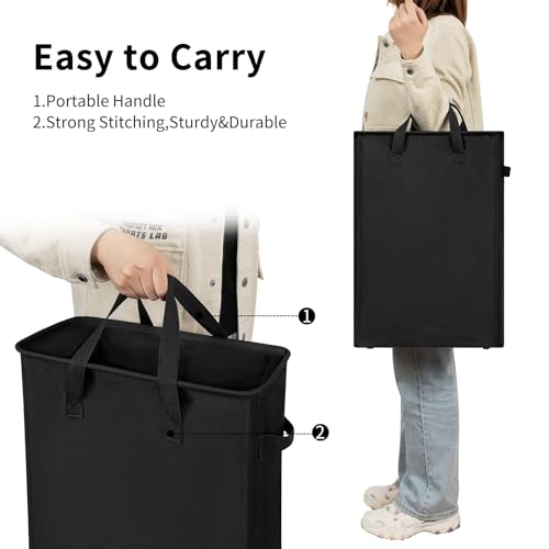 ZERO JET LAG Slim Laundry Hamper With Handles Collapsible Laundry Basket Thin Dirty Clothes Basket Narrow Laundry Bag Foldable Dirty Clothes Hamper 45L (24 inches,Black) - color: Black- With Handles