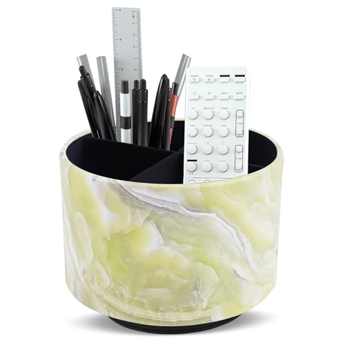 Round Leather Art Supply Organizer,Remote Control Holder,360-degree Rotating Pen Organizer with 4 Compartments(1-Marble Geen) - color: 1-Marble Geen