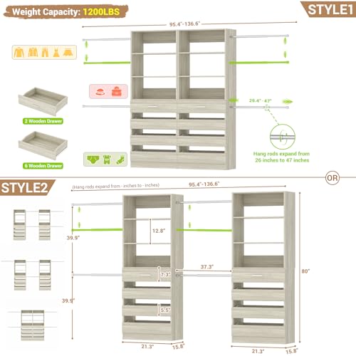 Aheaplus Closet System, 6-15Ft Closet Organizer with 8 Wooden Drawers, Wood Closet Organizer System with Tower, Walk-in Closet Organizer Wardrobe Garment Clothes Rack with 4 Hanging Rods, White Oak - color: White Oak