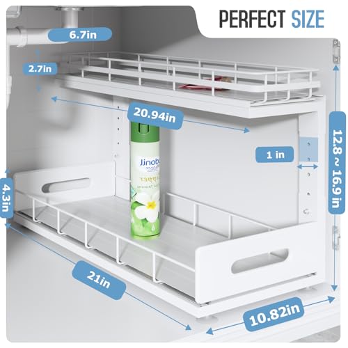Under Sink Organizer Upgrade To Professional Rails,2-Tier Dual Pull Out Cabinet Storage,Height Adjustable Slide Out Drawers For Bathroom Kitchen,2 Pack-21"Dx12.8"-16.9"H,White - color: White, size: 2 Pack-21"Dx12.8"-16.9"H