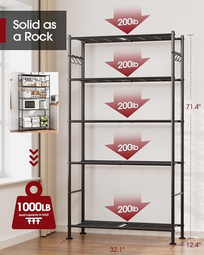 Sakugi Storage Shelves - 5-Tier Large Capacity Shelf Organizer with Hooks, Heavy-Duty Garage Shelving with Leveling Feet, Wobble-Free Rack for Bedroom, Balcony, Garage, 32.1"×12.4"×71.4", Black - color: Black, size: 32.1W×12.4D×71.4H(5T)
