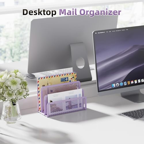 Marbrasse Mail Organizer for Desk, 3-Slot Mesh Metal Mail Holder countertop, Letter Holder, Office Desktop Envelope and Document Storage Rack (Purple) - color: Purple