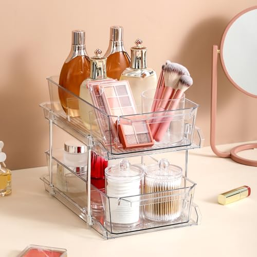 2 Tier Clear Organizer with Dividers for Cabinet, Shlef, Counter - MultiUse Slide-Out Storage Container - Kitchen, Pantry, Medicine Cupboard Bins, Bathroom, Vanity Makeup, Under Sink Organizing - size: 8" W - 1 Set