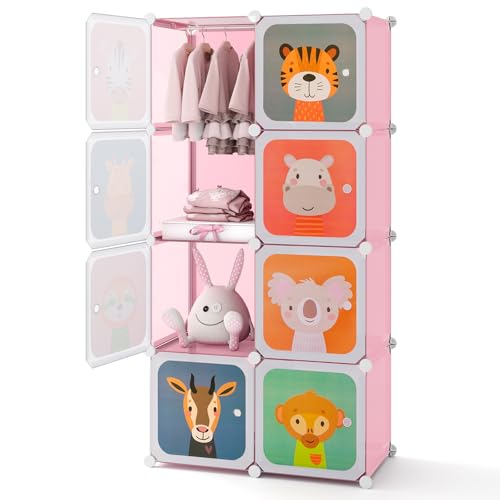 HONEY JOY Kids Wardrobe Closet, Baby Cartoon Clothes Storage Organizer, 8 Cubes & 2 Hanging Sections, Portable Children DIY Modular Bedroom Armoire Dresser Cabinet for Boys Girls (Pink, 8-Cube) - color: Pink, size: 8-Cube