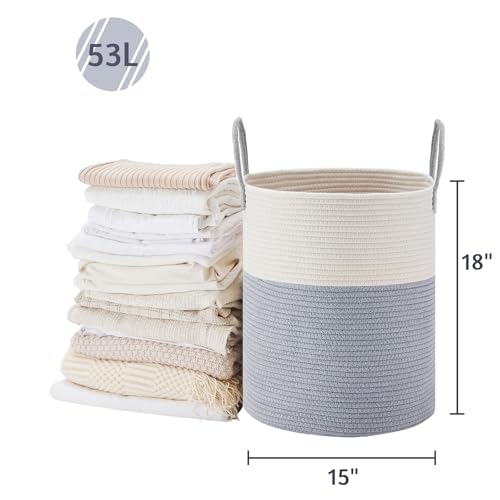 VIPOSCO Large Laundry Hamper, Tall Woven Rope Storage Basket for Blanket, Toys, Dirty Clothes in Living Room, Bathroom, Bedroom - 53L Grey & White - color: Grey, size: 53L