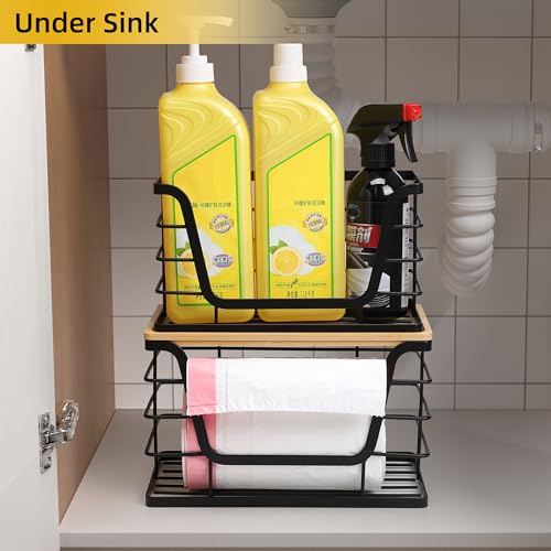 ALOCEO 2 Pack Storage Stackable Kitchen Laundry Organizers with Bamboo Top, Large Trash Bag Holder and Small Garbage Bag Dispenser for Countertop Organization - color: 2-pack - L&s Black
