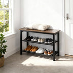 Shoe Bench, 3-Tier Shoe Rack, Industrial Shoe Organizer Storage Bench, 27.2'' Bench with Metal Shelves, for Entryway, Living Room, Hallway, Easy Assembly, 300lb Capacity - Rustic Brown - size: 3-Tier Shoe Bench (Metal Shelves）