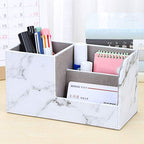 KINGFOM Desk Organizer Office Supplies Caddy Pu Leather Multi-function Storage Box Pen/Pencil,Cell phone, Business Name Cards Remote Control Holder Gray Marble - color: S-gray Marble