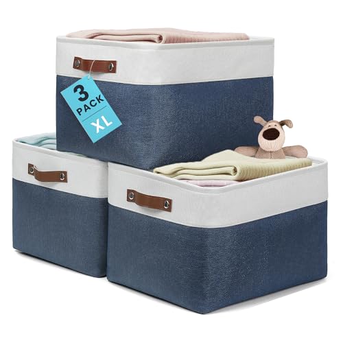 OrganiHaus Extra Large Fabric Storage Baskets for Shelves 3 Pack, 16x13in Closet Storage Bins, Canvas Baskets for Organizing, Linen Closet Organizers, Cloth Basket, Navy Blue/Off-White - color: Navy Blue / Off-White, size: Extra Large - 3pc