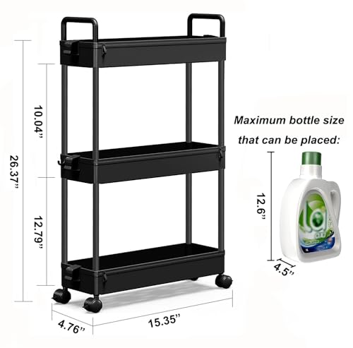 SOLEJAZZ Slim Rolling Storage Cart with Wheels 3 Tier Skinny Bathroom Storage Organizer Thin Laundry Room Utility Cart Space-Saving for Bedside Kitchen Office Small Narrow Places, Black - color: Black, size: 3-Tier, 4.76"D