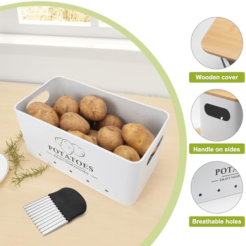 Kitchen Vegetable Storage Set of 3, Metal Onion Garlic Potato Storage Set, Kitchen Canisters Vegetable Keeper Containers with Aerating Holes and Wooden Lid (White) - color: White