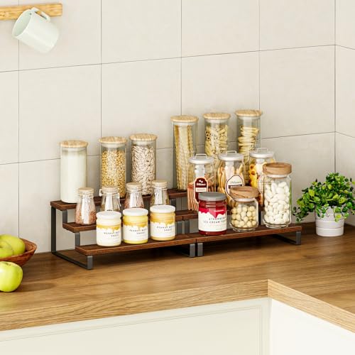 Giikin 3-Tier Spice Rack, 13.8 Inch Wood Countertop Spice Storage Holder, Kitchen Pantry Cabinet Organizer Cupboard for Spice Bottles, Jars, Seasonings, Baking Supplies, Metal Frame(Set of 2) - color: Rustic Brown, 3 Tier, 2 Pack, size: 3 Tier 2 Pack