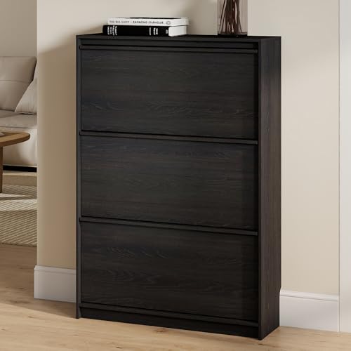Shoe Cabinet with 3 Flip Drawers, 31.5" W Narrow Shoe Storage Cabinet for Entryway, Slim Shoe Organizer with Adjustable Shelves, Freestanding Shoe Rack for Hallway, Living Room, Black - color: Black, size: 9.45"D x 31.5"W x 45.47"H