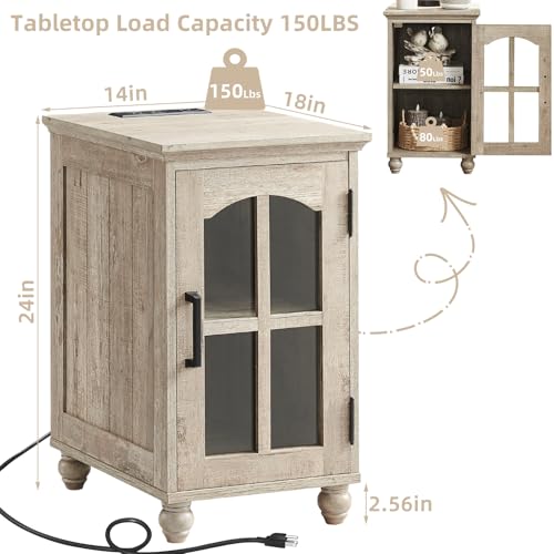Narrow Side Table,Farmhouse Nightstand with Charging Station,Wood End Table with Glass Barn Door Storage, Cabinet Organizer with Adjustable Shelf, Night Stand for Small Spaces for Living Room Bedroom - color: Grey, size: Set 1