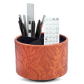 Hennaja Round Leather Art Supply Organizer,Remote Control Holder,360 Degree Spinning,Multi-Functional Pencil Holder,4 Compartments Desktop Stationary Organizer(1-Carved Brown) - color: 1-Carved Brown
