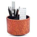 Hennaja Round Leather Art Supply Organizer,Remote Control Holder,360 Degree Spinning,Multi-Functional Pencil Holder,4 Compartments Desktop Stationary Organizer(1-Carved Brown) - color: 1-Carved Brown