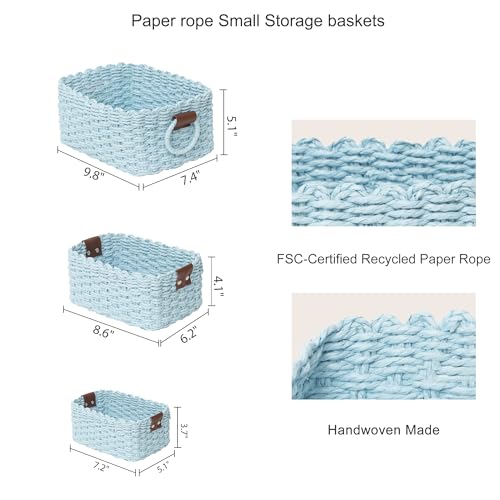 Small baskets for Organizing,Cute woven Storage basket with recycled paper rope for Shelves Bathroom,Little decorative basket,Set of 3 (Sky-Blue) - color: Sky-Blue