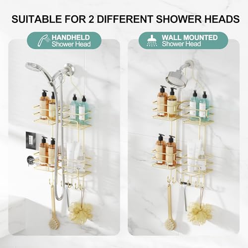SRIWATANA Shower Caddy Hanging, Bathroom Organizer, No Drilling Shelves Over Shower Head, Bath Rack Holder with Hooks for Razors and Sponge - Gold - color: Gold