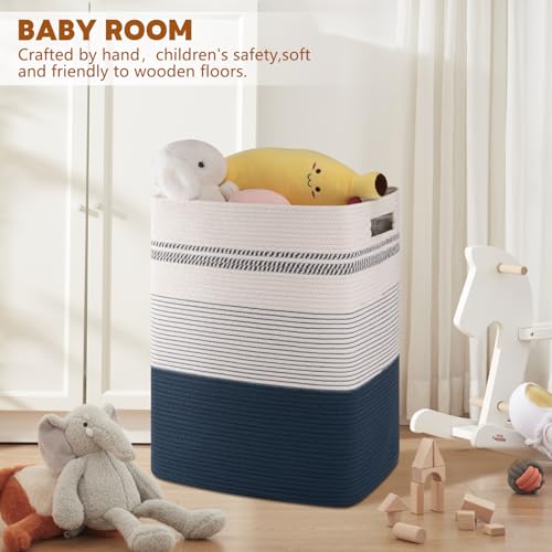 80L Large Cotton Rope Laundry Basket for Bedroom & Laundry Room, Tall Clothes Hamper with Sturdy Handles, Neutral Storage Bin Capable of Holding Blankets and Toys - color: Dark Blue& White, size: 80L