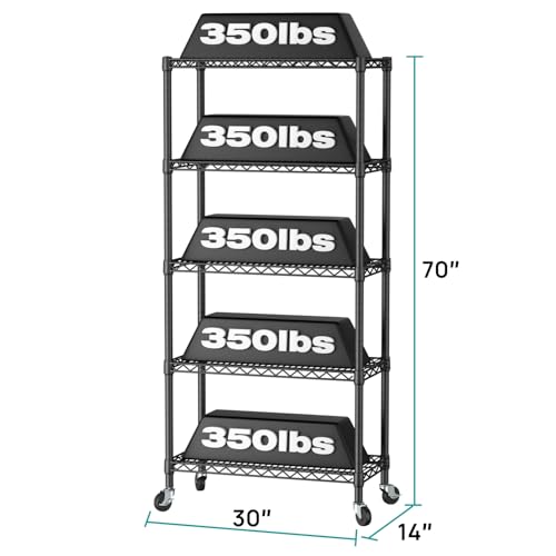 SINGAYE 5 Shelf Storage Wire Shelves Closet Bathroom Organizers Metal Pantry Kitchen Garage Shelving Unit Laundry Room Organization Home Narrow Rack Net Basket with Wheels Black - color: Black, size: 5Tier/14"D X 30"W X 70"H