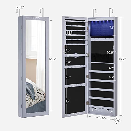SONGMICS 6 LEDs Mirror Jewelry Cabinet, 47.2-Inch Tall Lockable Wall or Door Mounted Jewelry Armoire Organizer with Mirror, 2 Drawers, 3.9 x 14.6 x 47.2 Inches, Gray UJJC93GY - color: Gray