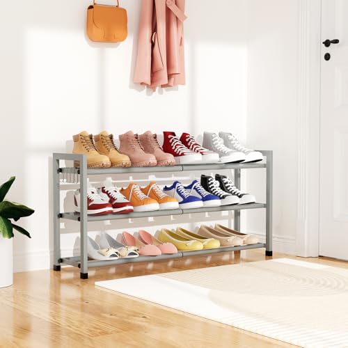 Expandable Shoe Rack for Closet Adjustable Metal Shoe Rack for Entryway 18.5"-33" Free Standing Shoe Organizer 12 Pairs with Hooks 3-Tier Small Shoe Shelf for Bedroom Garage Dorm Floor, Grey - color: Grey