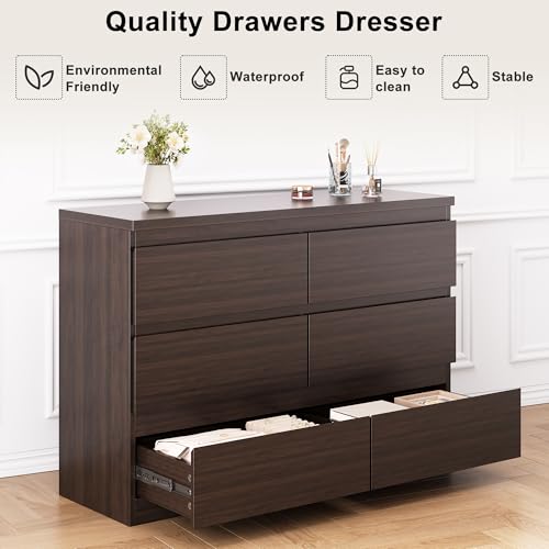 Jocoevol Modern 6 Drawer Dresser - Simply Chest of Drawers for Bedroom, Closet, Living Room, Hallway, Entryway, Wood Storage Double Dresser with Smooth Metal Rails - Retro Brown - color: Retro Brown