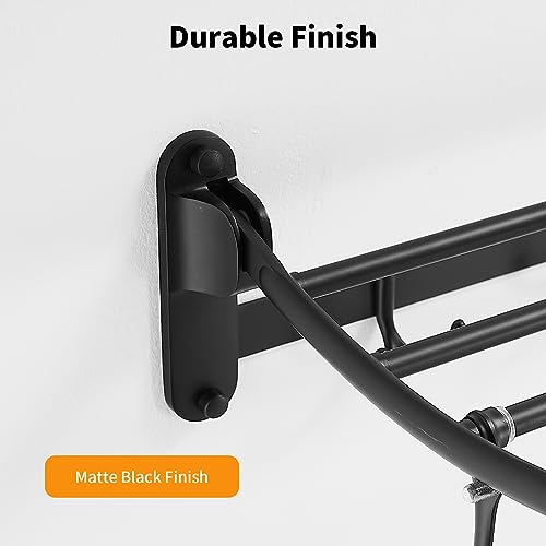 BESy 24 Inch Matte Black Towel Racks, Bathroom Towel Shelf with Foldable Towel Bar Holder and Towel Hooks, Wall Mounted Multifunctional Bathroom Accessories, Double Towel Bars - color: Matte Black