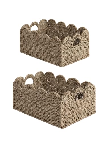 StorageWorks Scalloped Wicker Basket, Woven Baskets for Storage, Rattan Baskets with Handles, Paper Rope Basket for Organizing and Decor, 2 Pack - color: Natural(Seagrass), size: 15" L x 11" W x 7" H