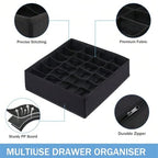 Socks Underwear Storage Box - 24 - Grid Foldable Drawer Organizer for Closet Space Saving, Black