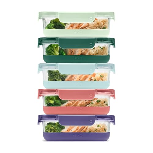 Ello Duraglass Refresh 3.4 Cup Meal Prep Sets 10Pc, 5 Pack Set- Glass Food Storage Container with Silicone Boot and Airtight BPA-Free Plastic Lids, Dishwasher, Microwave and Freezer Safe,Everest - color: Everest, size: 3.4 Cup