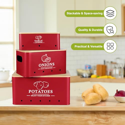 Kitchen Vegetable Storage Set of 3, Metal Onion Garlic Potato Storage Set, Kitchen Canisters Vegetable Keeper Containers with Aerating Holes and Wooden Lid (Red) - color: Red
