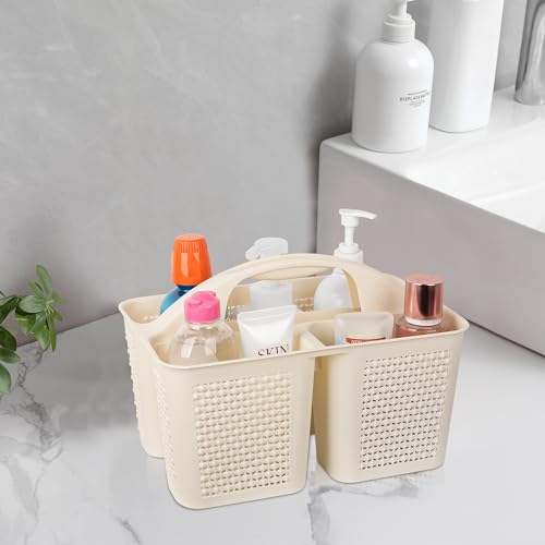 UUJOLY Plastic Portable Shower Caddy Basket Bucket, Cleaning Shower Basket with Handle Compartments Storage Basket Organizer for Bathroom Kitchen College Dorm Sink, Beige - color: Beige