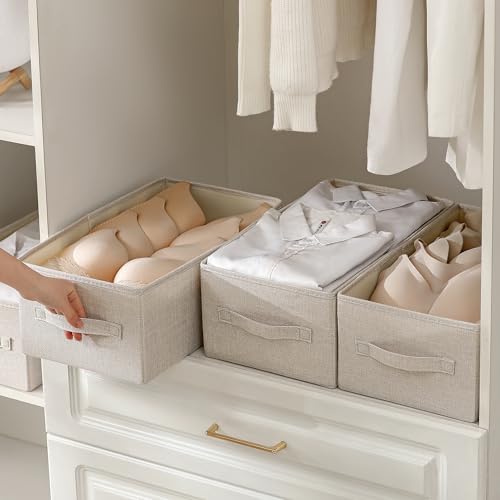 Linen Folding Storage Bins, 3 Pack Large Storage Baskets, Washable, Clothing Storage Bins with Handle, Closet Organizer for Storage Sweater,Sheets (Beige, 16"x9½"x6¾") - color: Beige, size: 16"x9½"x6¾"