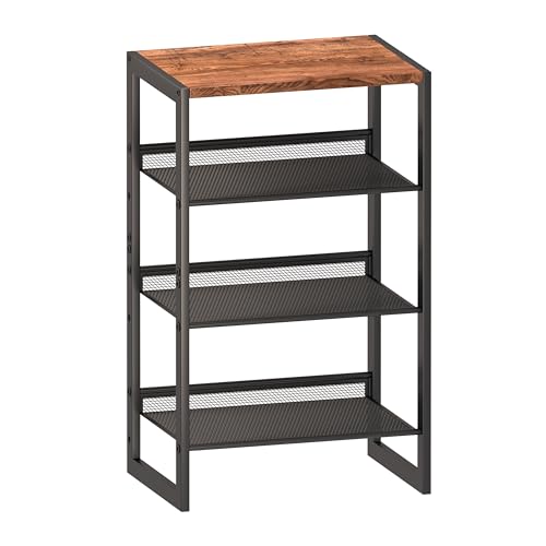 CHEMPFR Narrow 4-Tier Shoe Rack, Slim Space-Saving Shelf with Decorative Wood Top & Steel Mesh, Entryway/Closet/Dorm Organizer, 16.5x11.8x27.9 Inches - size: 4 Tier (16.5″x11.8″x27.9″)