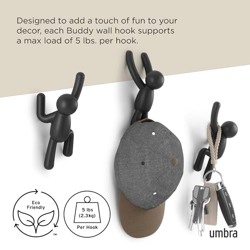 Umbra Buddy Wall Hooks – Decorative Wall Mounted Coat Hooks for Hanging Coats, Scarves, Bags, Purses, Backpacks, Towels and More, Set of 3, Black - color: Black