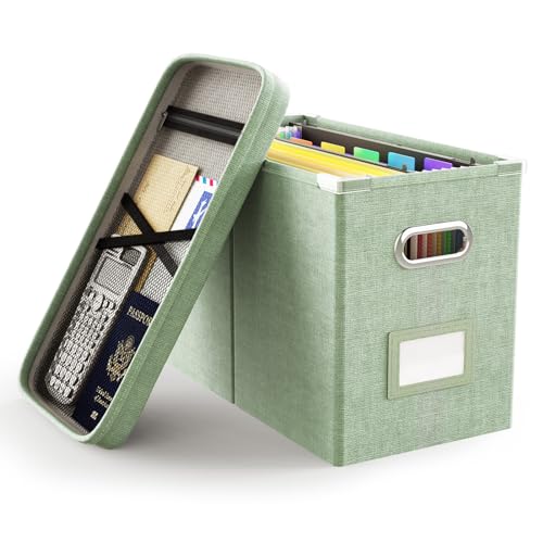 Oterri File Organizer Box with Lid, Hanging Filing File Box with Mesh Pocket, Document Organizer Box for Letter Files, Portable Storage Box(1 PCS, Green) - color: Green, size: 1 PCS