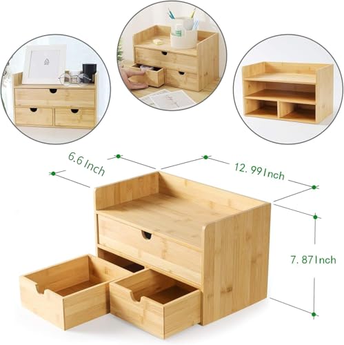 Desk Organizer with Drawers - Bamboo Desktop Organizers Storage | Wood Makeup Organizer for Bills, Office Supplies, Cosmetics, Seals, Kitchen Utensils, No Assembly Required - color: Nature-S1X2, size: 13”L x 6.6”W x7.87”H