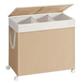 SONGMICS HOME Laundry Hamper with 3 Section, Large 140 L Rolling Laundry Basket with Wheels, Rattan Clothes Basket with Lid, Removable Liner with Handles, Natural Beige and Matte White ULCB602N01 - color: Natural Beige + Matte White, size: 140 L