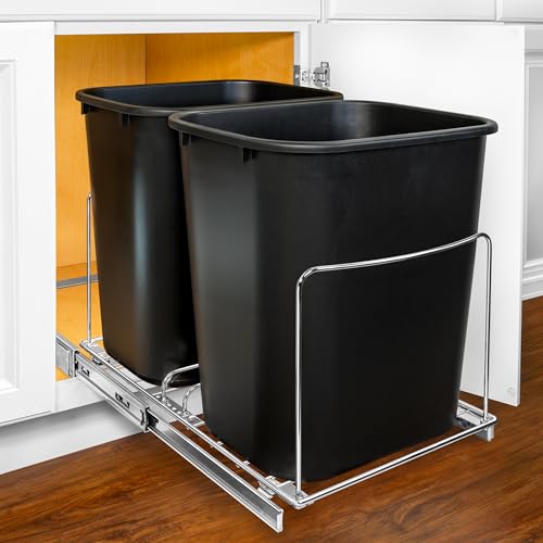 LYNK PROFESSIONAL® Double Pull Out Trash Can Under Cabinet - Under Sink Trash Can Slider - Trash Can Slide Out Drawer - Sliding Pull Out for Kitchen Garbage Bin (Trash Cans Not Included) - size: 14-1/8" W x 20-1/4" L x 11-1/2" H