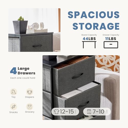 DUMOS Nightstand with 4 Drawers Bedside Table with Removable Fabric Bins Sturdy Steel Frame Wood Top Organizer Furniture for Bedroom Closet Living Room - color: Grey, size: 11.8"D x 17.7"W x 37.4"H (4 Drawers)