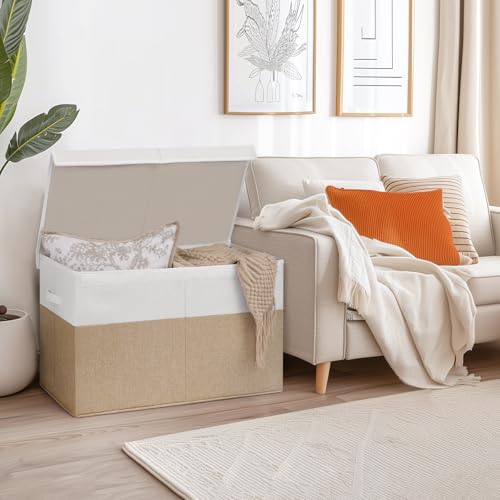 INDRESSME 26"x17"x17" Large Toy Box, Toy Storage Organizer Collapsible Storage Bins with Lids Toy Chest for Nursery, Playroom, Living Room, Toy Baskets Storage Kids, Boys Girls (Beige & White) - color: Beige & White, size: 26"x17"x17"