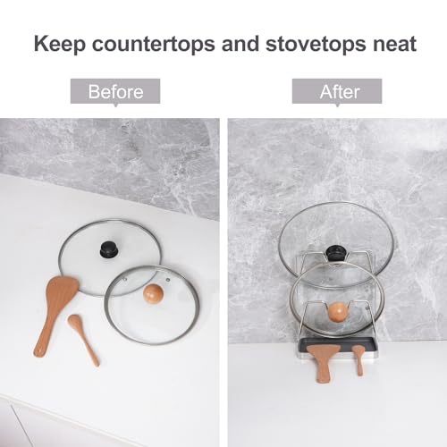 304 Stainless Steel Pot Lid Holder While Cooking, Kitchen Pot Lid Storage Rack for stove top, Multifunctional Kitchen Pot Lid Organizer for Countertop（Silver）