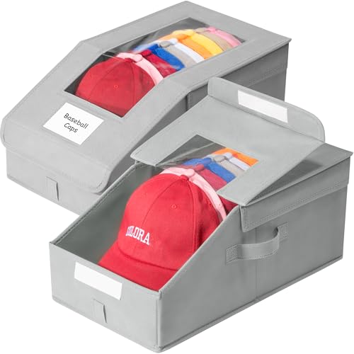 Hat Organizer for Baseball Caps, 2 Pack Stackable Hat Storage Boxes with Clear Window, Holds up to 28 Caps, Foldable Hat Organizer for Closet & Shelf, Grey