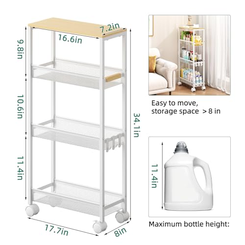 TIPGO Utility Slim Storage Cart, 4 Tier Rolling Cart with Wheels, Narrow Storage Cabinet for Bathroom, Laundry Shelves for Room Organization, Small Organizer for Kitchen, Office and Dorm (White) - color: White